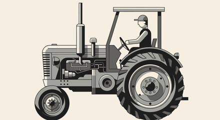 Vintage style farm tractor with a farmer driver in a cap, side view, depicted in a classic illustration style, in bright studio. © IMRONI
