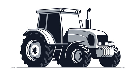 Classic grey farm tractor with large wheels and vintage design, side front view, isolated white background. © IMRONI
