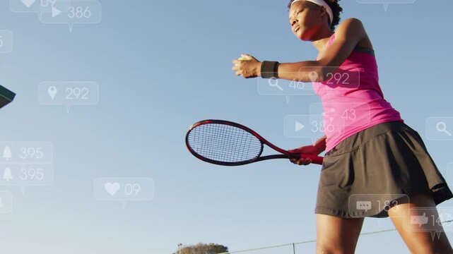 Ball bounce starting player preparing serve tossing ball swinging racket as social alerts floating