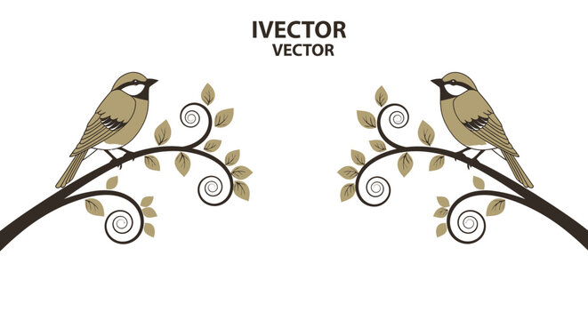 Two charming sparrows perched on stylized branches with leaves and elegant swirls, isolated white background.