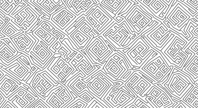 Seamless abstract geometric maze pattern with intricate lines in black and white, complex puzzle background texture.