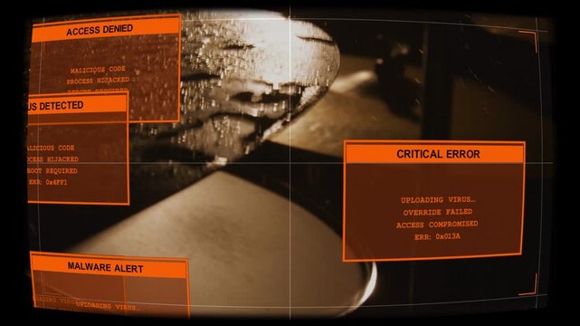 Wet reflective metal lid, security detecting virus and sending orange alerts sliding over lid