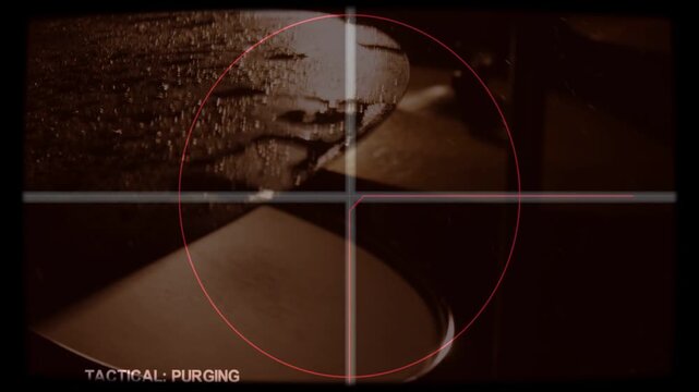 HUD overlay appearing, reticle locking onto curved wet surface, crosshair drifting, signaling purge