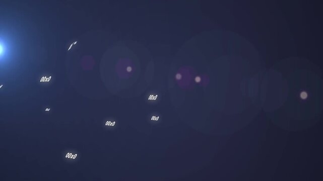 Floating token cluster drifting across navy gradient, pulsing left lens flare initiating data flow