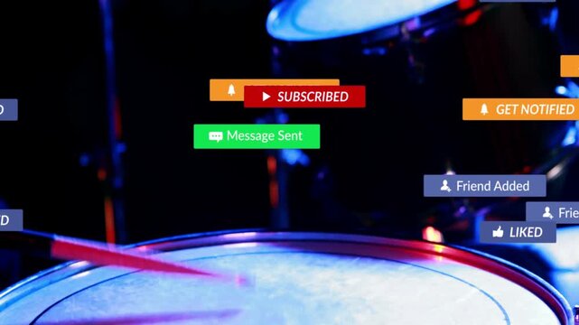 Cursor appearing, sending badges obscuring snare, clearing, revealing drumsticks striking for show