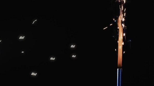 Metal rod tip igniting, forming orange column, sending sparks while code clusters drifting for tech