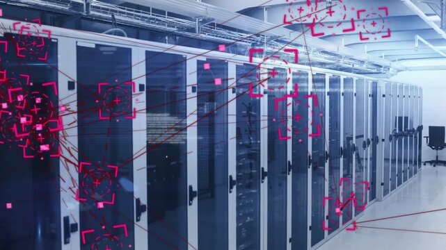 Row of racks showing magenta nodes from left, spreading lines forming network, frame shifting right