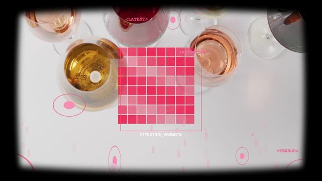 Vertical video: Sliding glasses at start on table, crossing ATTENTION_WEIGHTS grid, NEURAL_CORE