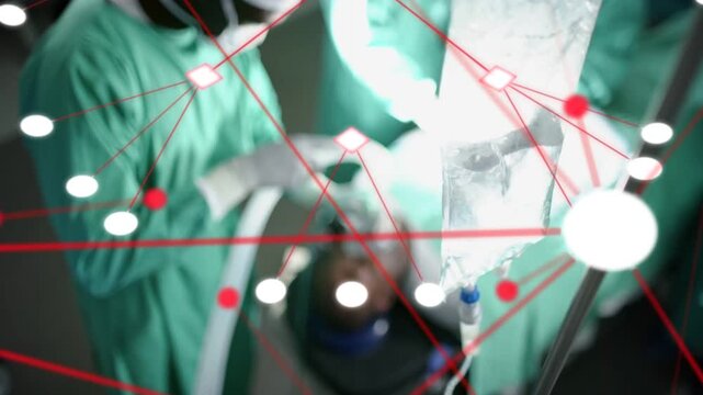 IV bag staying sharp while surgeons reaching suction to secure airway, overlay growing across frame