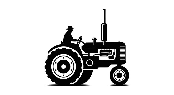 Farmer Driving Vintage Agricultural Tractor Silhouette, Isolated White Background