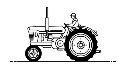Farmer Driving Vintage Tractor Side View, Old Agricultural Machine Operated by Man on Isolated White Background © IMRONI