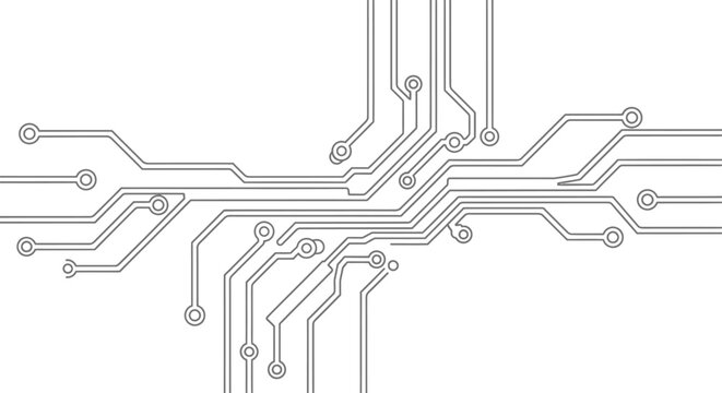 Detailed Printed Circuit Board Outline Diagram, Electronic Motherboard Connection Pattern on Isolated White Background