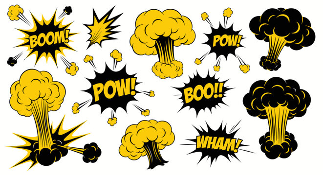 Set of comic explosion effects and speech bubbles with text like Boom, Pow, Wham, isolated white background.