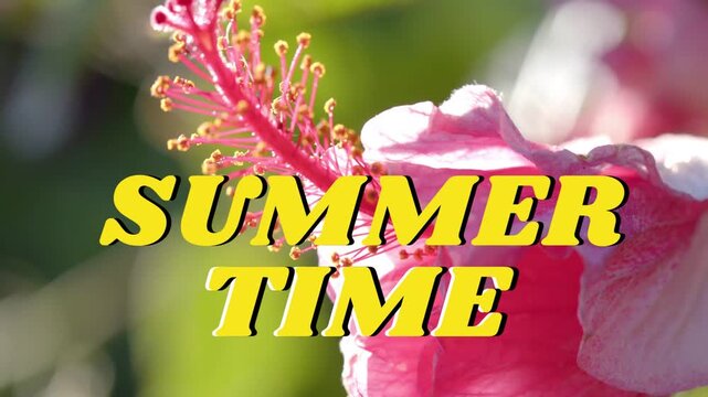 Lens pulling focus, stamen moving center and focusing behind yellow SUMMER TIME title for marketing