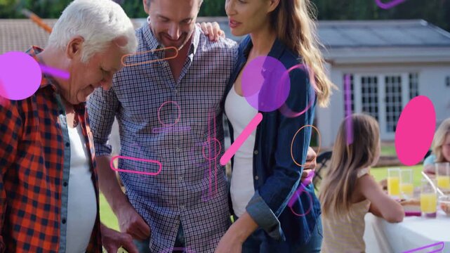 Senior man tending grill for food as camera pulling back, pink purple overlays hovering over adults