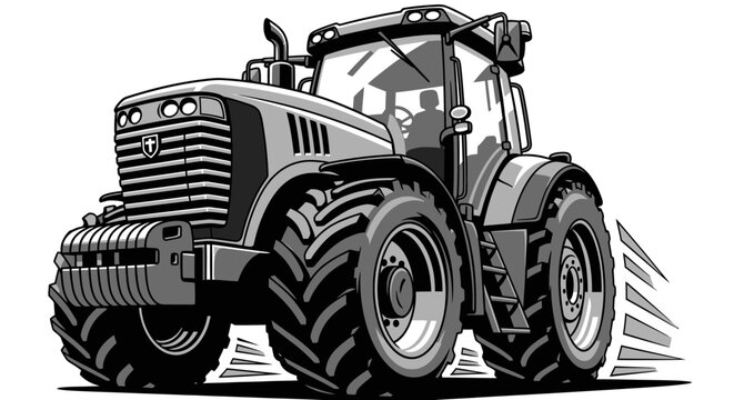 Dynamic grayscale illustration of a powerful modern farm tractor with large wheels and detailed design, depicted in motion.