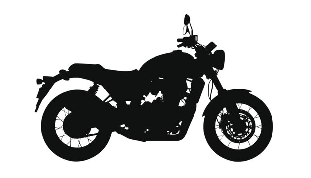 Motorcycle isolated in a sharp black silhouette against a clean white background displays the mechanical design of a classic cruiser bike for automotive industry marketing and design projects.