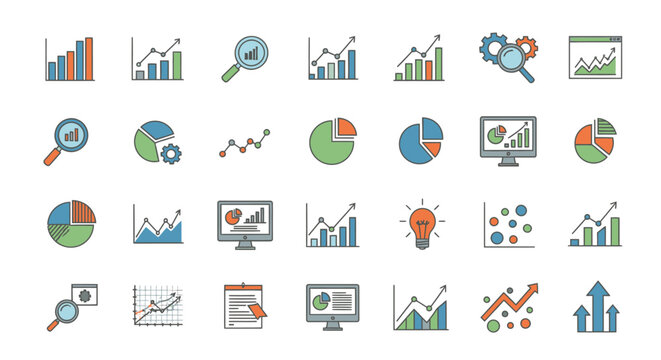 Collection of colorful flat line icons representing data analysis, business statistics, charts, graphs, and financial growth concepts.