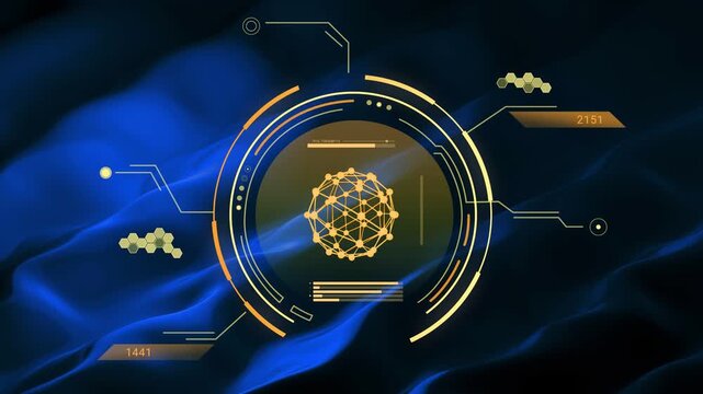 Central HUD appearing over blue fabric, rotating rings pulsing while numeric tags updating for tech