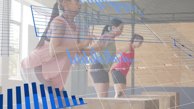 Three women doing health box steps, knee bend initiating sync jumps under blue data overlay