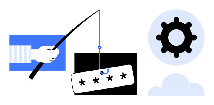 Phishing concept. Phishing attack with a fishing hook targeting password security. Phishing risks in cybersecurity and cloud technology. For tech security, data safety, online protection, cloud