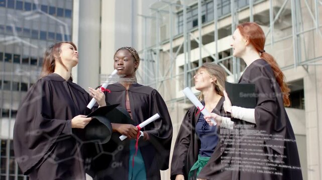 Rightmost woman lifting diploma triggers four women celebrating education with faint code overlay