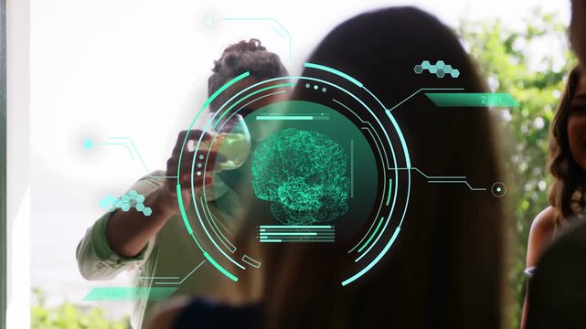 Man at door offering glass, initiating toast, group raising glasses, teal brain HUD centering, tech