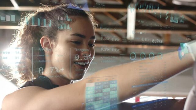 Female driver reaching across car wheel raising hands making HUD charts for auto demo with aide