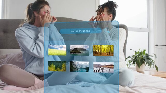 Two women applying eye patches on bed, blue AR Nature panel appearing, selecting scene for wellness
