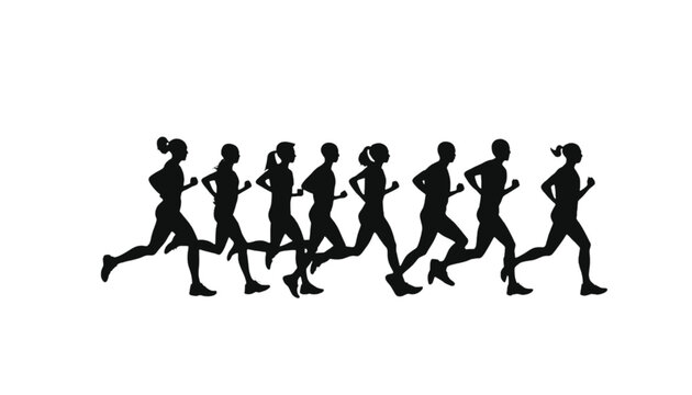Runners sprint forward in a synchronized line to demonstrate athletic fitness and endurance during a competitive outdoor marathon event.
