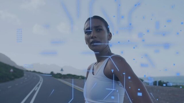 Adult woman standing on coast road, blue AR grids rising and aligning with face, demoing healthtech