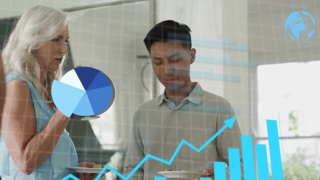 Man speaking, women holding plates and glasses, data overlays rising on them analysing biz charts