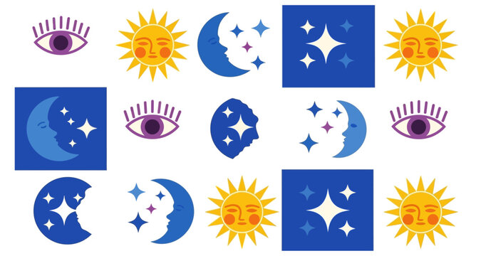 Celestial motifs of eyes suns moons and stars in a repeating pattern