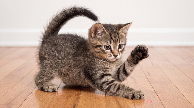 Playful kitten reaching for a laser pointer dot on wooden floor  
