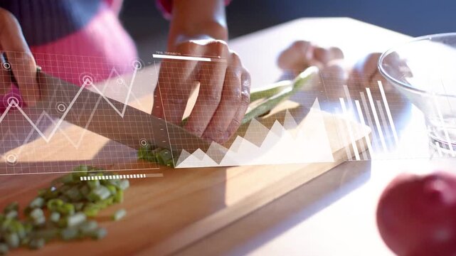 Home cook chopping scallion on cutting board, motion starting evolving finance charts across hands