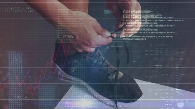 Vertical video: Placing black shoe, woman in shorts tying laces on white pod in studio for gym, HUD