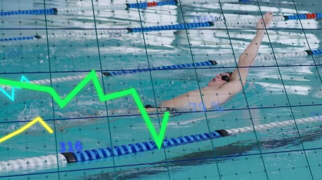 Male swimmer starting backstroke in training, animated charts syncing with strokes to track metrics