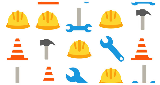 Construction tools and safety equipment in a repeating pattern