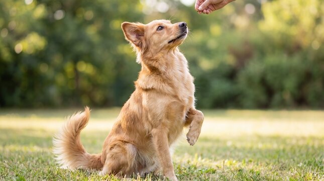 Golden retriever dog performing trick while receiving treat outdoors  