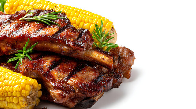Grilled pork ribs with corn on the cob in rustic barbecue style on white background with copy space