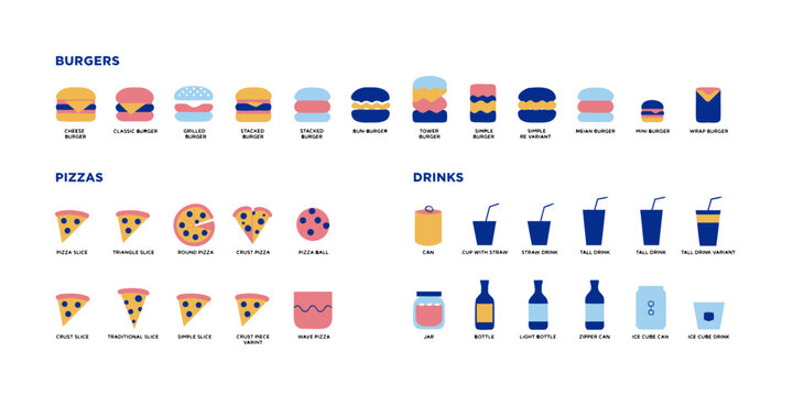 Large collection of flat design icons showcasing diverse burgers pizza slices various drink containers like cans bottles cups with fast food white background classic burger grilled burger ice cube