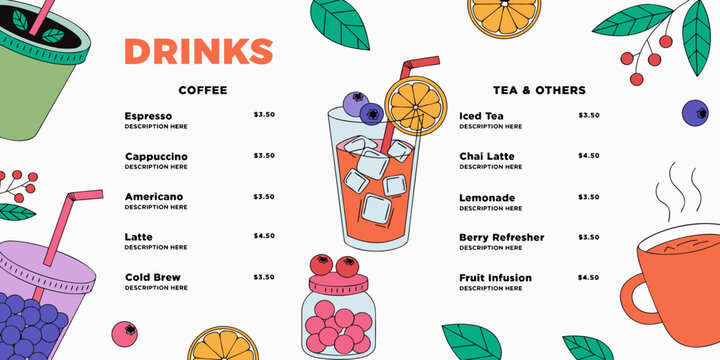 Colorful drinks menu with coffee tea refreshers vector illustration for cafes cold brew iced tea chai latte berry refresher fruit infusion food service colorful illustration beverage