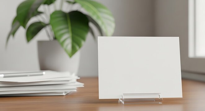 Logo Mockup Blank White Card on Stand with Plant and Papers on Desk empty mockup