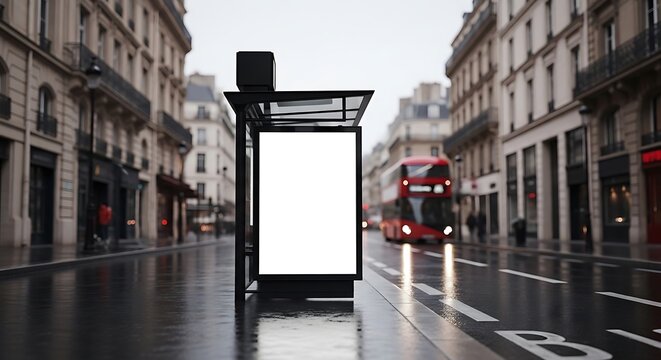 Logo Mockup Bus Stop Advertisement Mockup on Wet City Street with Double Decker Bus 