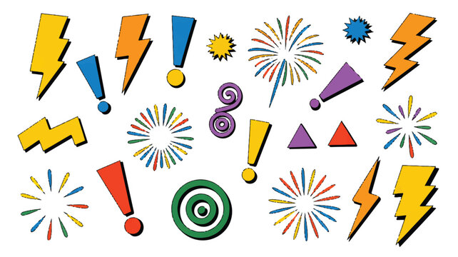 A vibrant collection of colorful cartoon-style lightning bolts, exclamation marks, and abstract celebratory bursts on a white background