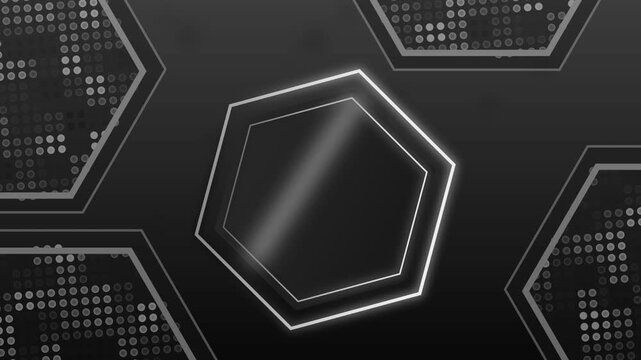 Futuristic abstract hexagon with neon outline background animation, tech circuit pattern and dotted halftone elements