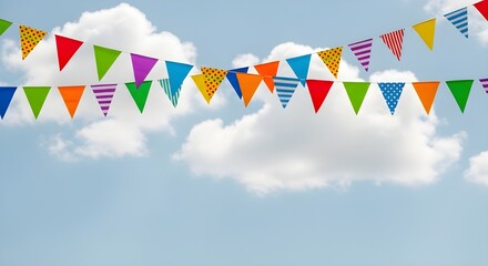 Obraz premium Colorful Triangular Pennant Flags Against Blue Sky