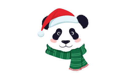 Fototapeta premium Adorable panda head illustration wearing a festive red Santa hat and a green knit scarf for the cozy winter holiday season.