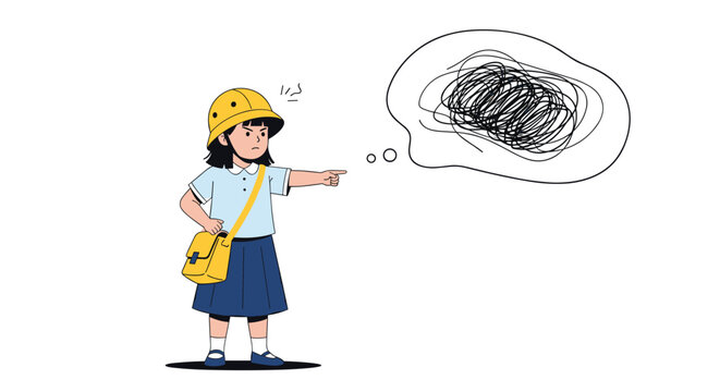 Confused schoolgirl pointing her finger while having complicated and messy scribbled thoughts in her mind during a lesson.