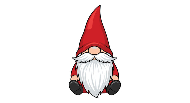 Small garden gnome wearing a tall red hat and a long white beard sitting comfortably in a simple cartoon style.